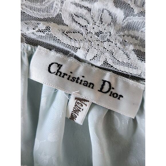 Christian Dior Vtg 80s Dior Oblique Logo Floral Nightgown Baby Blue Lace Trim - Picture 5 of 9